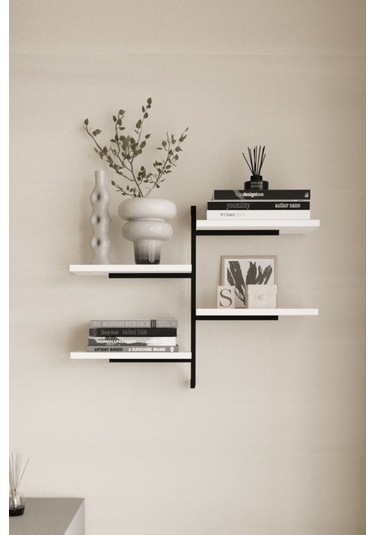 Aju 4 Katlı Duvar Rafı Metal Çerçeveli Dekoratif Kitaplık Ve Raf Ünitesi Modern Ve Minimalist Tasarıım Siyah