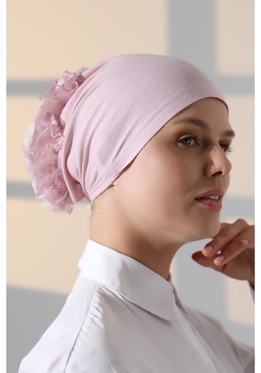 Kadın Fırfırlı Güpürlü Tesettür Topuz Bone - Pembe Pembe