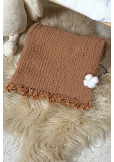 Müslin Püsküllü 4 Katlı Müslin Battaniye 90x120 Cm - Ze4katlı Kahverengi