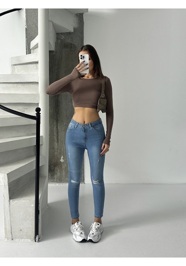 Kadın Diz Lazer Yırtık İşlemli Kot Dar Paça Mavi