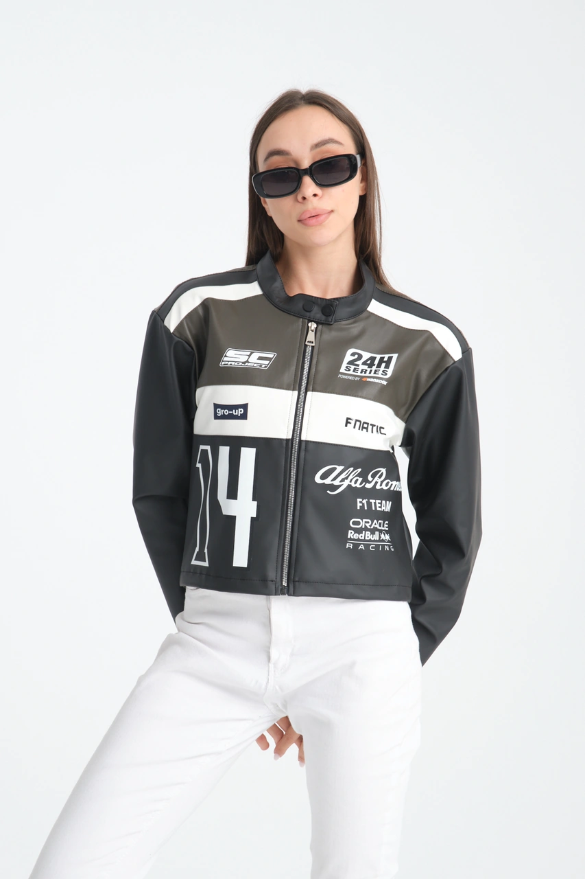 Kadın Oversize Baskılı Deri Şeritli Motorcu Montu Garnili Fermuarlı Yarışçı Ceketi Bomber Kolej Mont Koyu Kahve