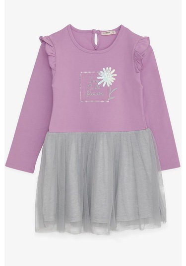 Breeze Kız Çocuk Uzun Kollu Elbise Pullu Çiçek Baskılı 3-8 Yaş, Lila Lila