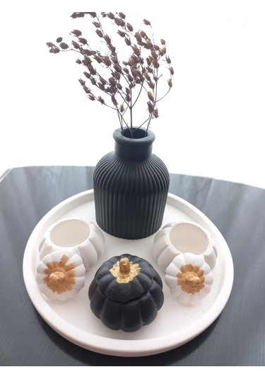Tabakta 3'lü Mini Balkabağı Vazo Dekoratif Beyaz Siyah Set 03