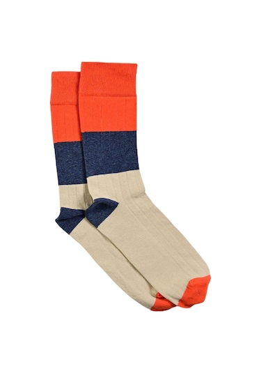 Erkek Krem-mercan Blok Desenli Soket Çorap Krem