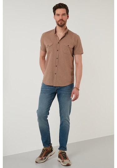 Buratti Düğmeli Yaka Pamuklu Slim Fit Cepli Erkek Gömlek Cf21S111153 Toprak