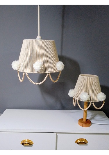 Makrome İp Sargılı Avize Abajur Set Çocuk Odası Avize Bebek Odası Avize Ponpon Boncuk Ekru