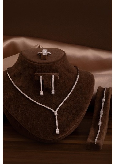 Kadın Gümüş Takı Seti - Süreyya Baget Taşlı Kare Model Kolye, Bileklik, Yüzük, Küpe Tam Set