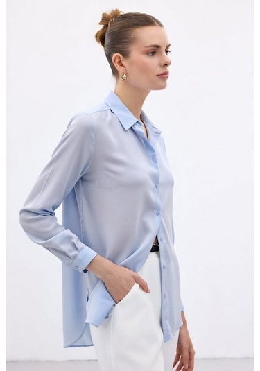Sateen Düz Klasik Gömlek - Mavi-136998 Mavi