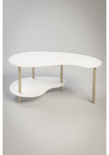 Fasülye Orta Sehpa Ahşap Ayaklı Sehpa Iki Raflı Sehpa Dekoratif Sehpa Gazetelikli - Beyaz