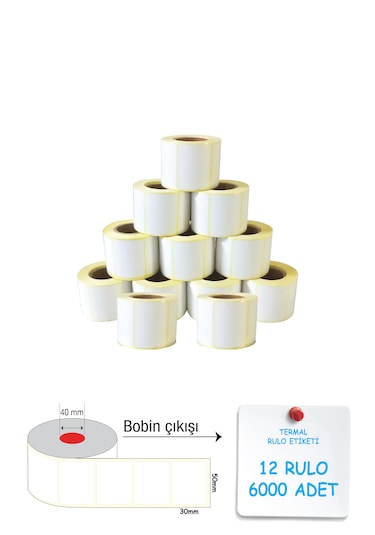 Termal Barkod Etiketi 30x50mm 12 Rulo 500'lü Sarım