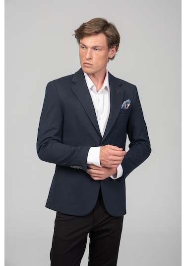 Cekmon Erkek Astarlı Çift Yırtmaçlı Örme Esnek Kumaşdan Yakası Ve Mendili Detaylı Klasik Ceket 001