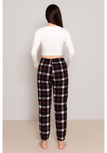 Kadın Ekose Desenli Cepli Paça Lastikli Kadife Tek Alt Siyah Siyah