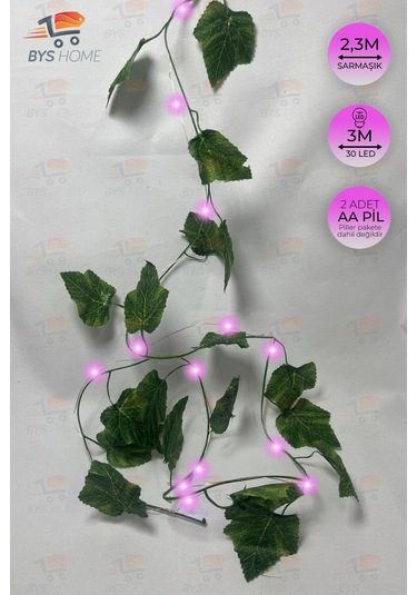 Dekoratif Yeşil Yapraklı 230 Cm Yapay Sarmaşık Ve 300 Cm Peri Led Pembe Renk - Pembe Pembe