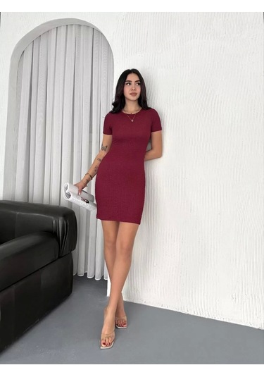 Kadın Bisiklet Yaka Kısa Kol Likralı Elbise - Bordo Bordo