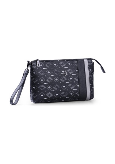 Deri Company Kadın Basic Clutch Çanta Monogram Desenli Şeritli Siyah Gri (4006SG) 214012 Gri - Siyah