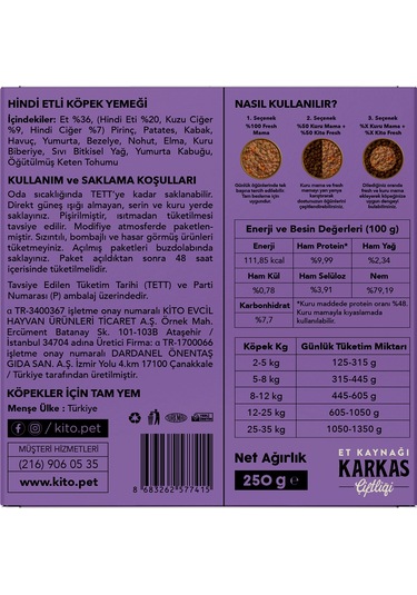 Kito Fresh Hindi Etli Taze Yetişkin Köpek Yemeği 6 x 250 G