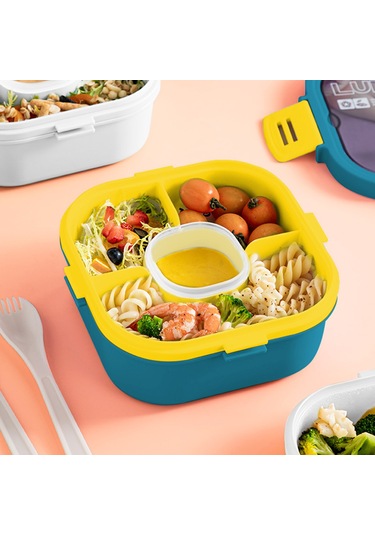 Lemestar 1200ml Mavi Mikrodalga Uygun 4 Bölmeli Çift Katlı Plastik Salata Kutusu - Bıçak, Çatal Ve Kapaklı Sos Tabağı İçerir Mavi