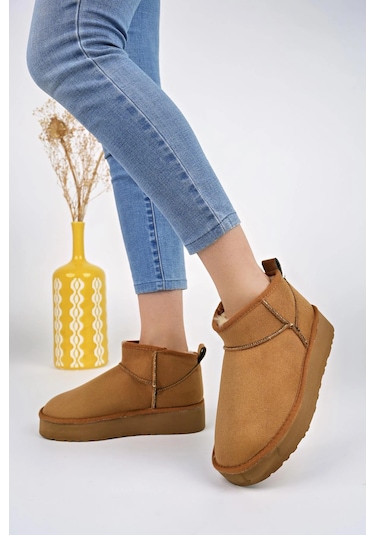 Muggo Hug Kalın Taban İçi Tüylü Günlük Mini Yarım Kadın Bot Taba