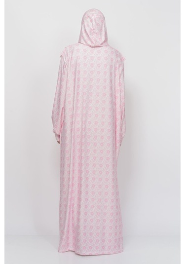 Pratik Tek Parça Güneş Desenli Kollu Tak Çıkar Başörtülü Likralı Tesettür Namaz Elbisesi 990-0302 Pembe Antrasit