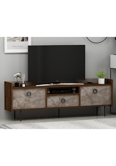 T0015 Lidya Kapaklı, Açık Raflı Tv Sehpası - Gordion Mermer/ceviz Gordion Mermer/ceviz