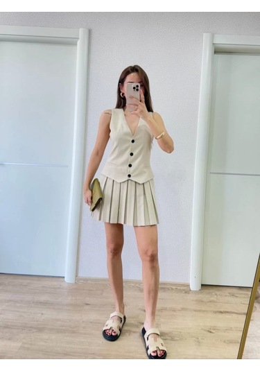 Keten Takım Görünümlü Düğme Detaylı Yelekli Mini Elbise - Bej Bej