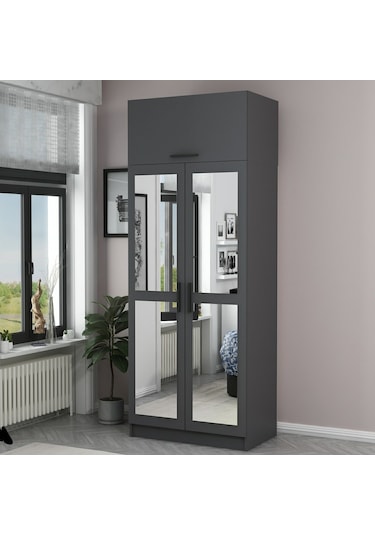 Minar Kale 2 Kapaklı 2 Aynalı Dolap Ve Yüklük Antrasit 255cm Antrasit