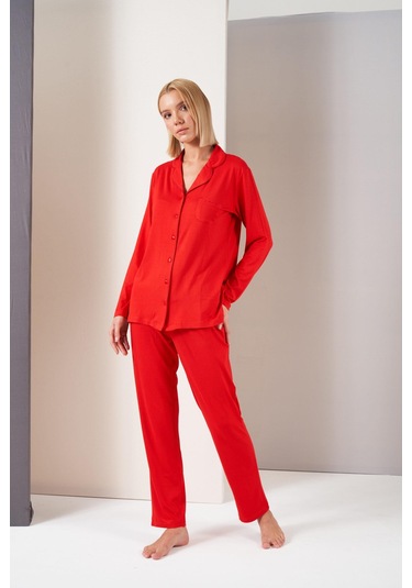 Pjs Kadın Gömlek Yaka Önden Düğmeli Uzun Kollu Pijama Takım Kırmızı