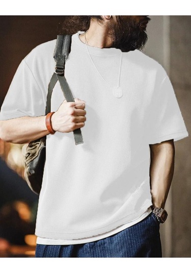 Genius Store Erkek Oversize Bisiklet Yaka Kısa Kollu Waffle Tişört Waffle-bisikletyaka Beyaz