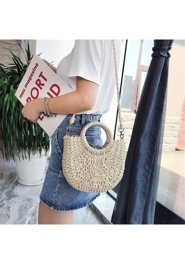 Novahub El Yapımı Rattan Dokuma Plaj Çantası - Kadın Crossbody Çanta - Bej, Haki Rengi, Pratik Tasarım Haki