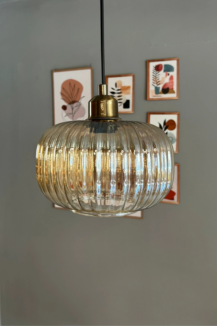 Mola Cam Bal Rengi Tekli Avize Yarım Lale Başlık Retro Sarkıt Lamba Restoran Salon Aydınlatma Bal