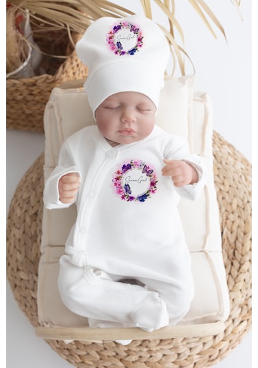 Bebewini Organik Pamuk Baskılı 11'li Isimli Bebek Hastane Çıkışı Ekru