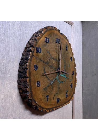 Lichtenberg Desenli Epoksi Kaplamalı Ahşap Duvar Saati Bronz