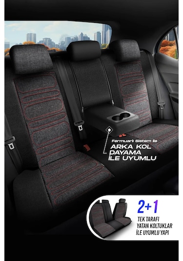 Siyah - Kırmızı Panda Atlanta Serisi Keten Kumaş Oto Koltuk Kılıfı - Tam Set