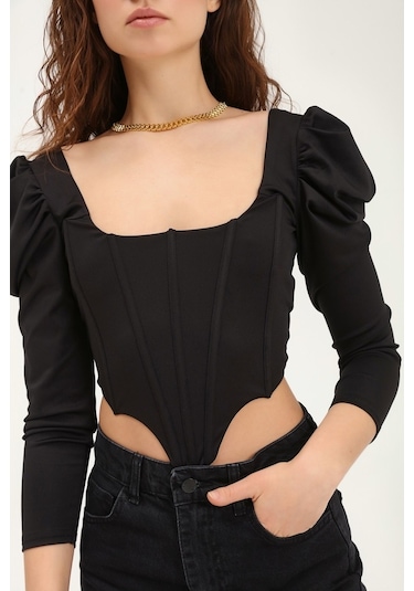 Sırt Bağlamalı Balon Kol Bluz Siyah