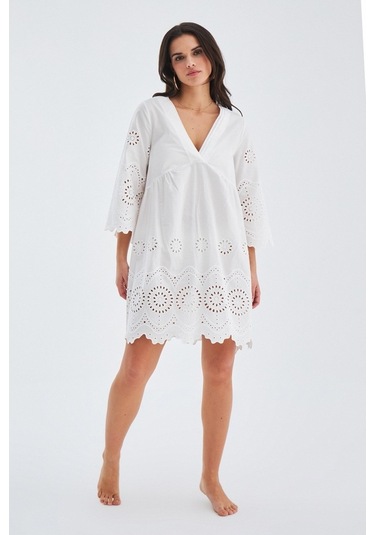 Peraluna Hiromi Dress %100 Pamuk 3/4 Kol Diz Hizası Yazlık Kadın Beyaz
