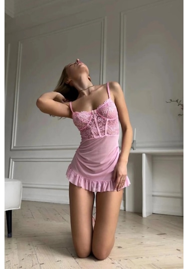 Batu Depo Pembe Balenli Tül Dantelli Gecelik Tm1406