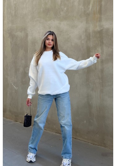 Şeker Pembe Basic Bisiklet Yaka Oversize Sweatshirt Beyaz