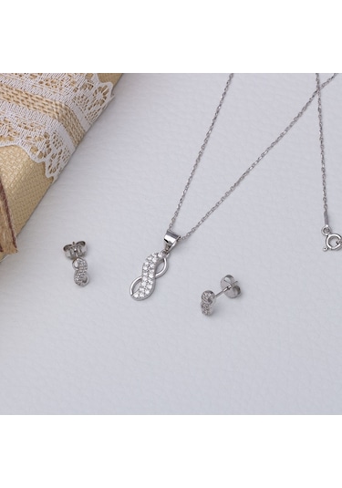 Sonsuzluk Model 925 Ayar Zirkon Taşlı Kadın 2'li Set Gümüş