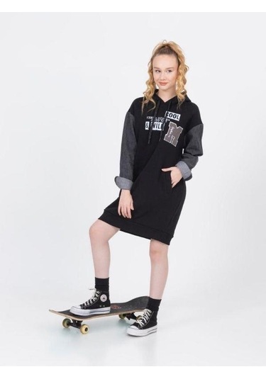 Kız Çocuk Kapüşonlu Kolları Kot Sweat Elbise-13452-siyah Siyah