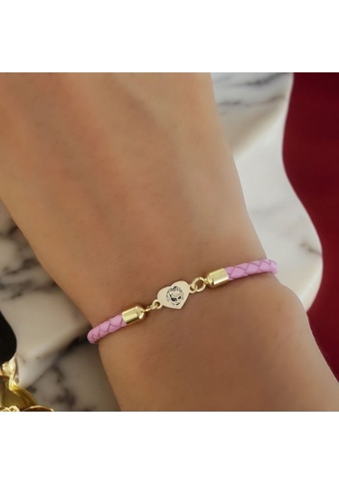 Archin Joker Temalı Kalp Figürlü 14 Ayar Altın Plakalı Pembe Derili Hediye Bileklik-473sembol Joker