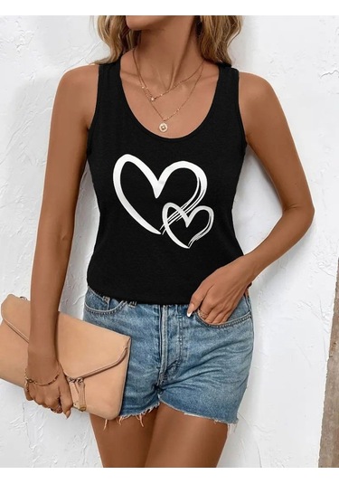 Ge Ticaret Kadın Askılı Yuvarlak Yaka Kalp Baskılı Viskon Bluz Siyah