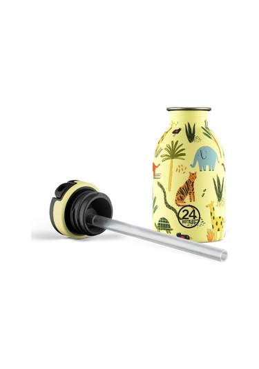 Kids Bottle Jungle Friends Paslanmaz Pipetli Çelik Çocuk Su Matarası 250 Ml Sarı