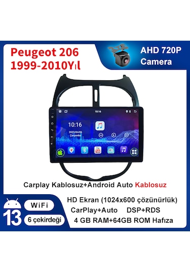 Peugeot 206 1999-2010yıl 4gb Ram 64gb Rom Carplay Multimedya