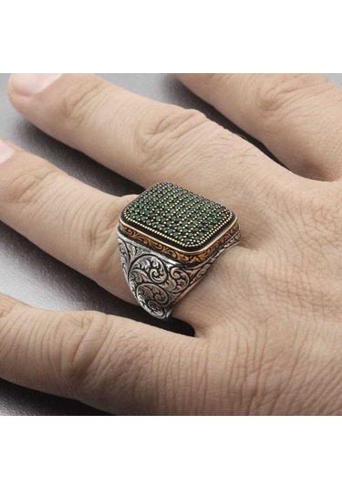 Gümüş Yeşil Zirkon Taşlı Kare Erkek Yüzük (551185686)
