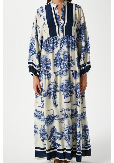 Modest Kadın Carena %100 Viskon Mavi Maksi Boy Yazlık Elbise Mavilacivertkrem Çok Renkli