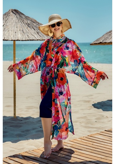 Remsa Tesettür Mayo Üzerine Tek Kaftan Kimono Pareo Lacivert02 Rp030 Flowers Lacivert