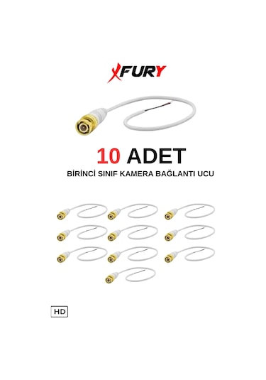 Fury 10 Adet A Kalite Kablolu Hazır Bnc Kablolu Konnektör