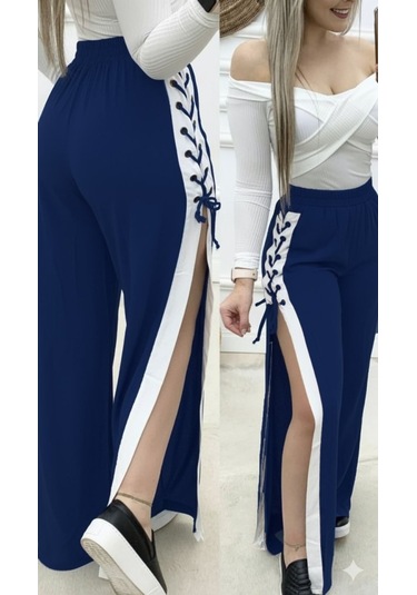 Tua Moda Kadın Yüksek Bel Yandan Çapraz Bağcıklı Yırtmaçlı Viskon Iki Iplik Pantolon Lacivert