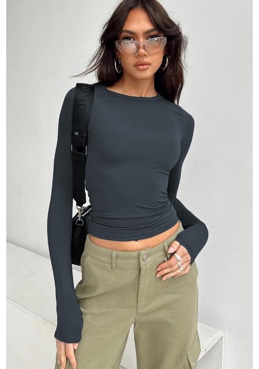 Madmext Füme Bisiklet Yaka Basic Uzun Kollu Body Mg1701-füme Füme
