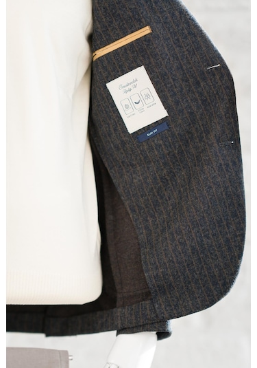 Slimfit Torba Cep Çizgili Mono Yaka Astarsız Çift Yırtmaç Likralı Kışlık Erkek Tek Ceket 001